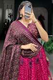 Cerise Pink Tussar Silk Lehenga With Printed Work For Diwali