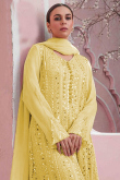 Thread Embroidered Georgette Light Yellow Indian Style Straight Pant Suit for Wedding