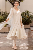 Chanderi Silk Off White Embroidered Anarkali Style Churidar Suit 