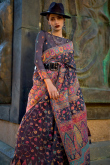Chanderi Silk Thread Weaved Dusty Blue Broad Border Saree 