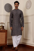 Charcoal Grey Cotton Maroon Weaved Straight Cut Men's Kurta Salwar 