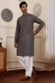 Charcoal Grey Cotton Maroon Weaved Straight Cut Men's Kurta Salwar 