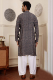Charcoal Grey Cotton Maroon Weaved Straight Cut Men's Kurta Salwar 