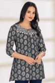 Charcoal Grey Cotton Printed Short Casual Wear Kurti 