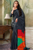 Charcoal Grey Crepe Saree With Printed Work For Casual Wear