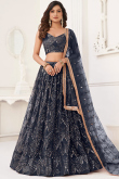 Charcoal Grey Embroidered Flared Style Net Lehenga