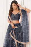 Charcoal Grey Embroidered Flared Style Net Lehenga