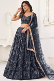 Charcoal Grey Embroidered Flared Style Net Lehenga