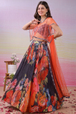 Charcoal Grey Satin Silk Flared Lehenga With Printed Work