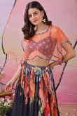 Charcoal Grey Satin Silk Flared Lehenga With Printed Work