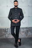 Charcoal Grey Silk Jodhpuri Style Weaved Thread Men's Sherwani 