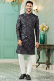 Charcoal Grey Weaved Zari Jacquard Floral Men's Sherwani