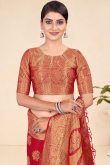 Cherry Red Broad Border Weaved Zari Viscose Saree 