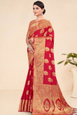 Cherry Red Broad Border Weaved Zari Viscose Saree 