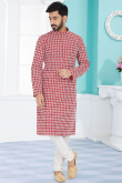 Cherry Red Cotton Silk Churidar Men Kurta Churidar