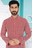 Cherry Red Cotton Silk Churidar Men Kurta Churidar