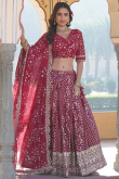 Cherry Red Embroidered Silk Flared Style Lehenga