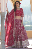 Cherry Red Embroidered Silk Flared Style Lehenga