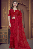 Cherry Red Embroidered Net Saree For Sangeet 
