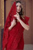 Cherry Red Embroidered Net Saree For Sangeet 
