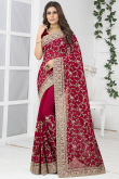 Georgette Saree with Zari Embroidery in Cherry Red for Party 