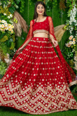 Cherry Red Georgette Lehenga With Zari Work For Wedding 