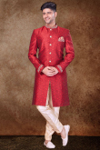 Cherry Red Jacquard Embroidered Men Sherwani