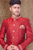Cherry Red Jacquard Embroidered Men Sherwani