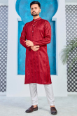 Cherry Red Jacquard Silk Woven Men Kurta With Pajama