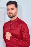 Cherry Red Jacquard Silk Woven Men Kurta With Pajama