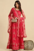 Cherry Red Net Embroidered Panelled Style Lehenga