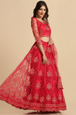 Cherry Red Net Embroidered Panelled Style Lehenga