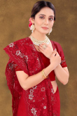 Cherry Red Party Wear Dori Embroidered Saree in Net