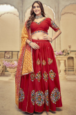 Cherry Red Patch Embroidered Silk Flared Style Chaniya Choli