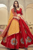 Cherry Red Patch Embroidered Silk Flared Style Chaniya Choli