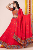 Cherry Red Rayon Embroidered A-Line Style Lehenga