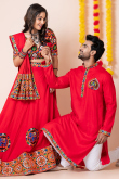 Cherry Red Rayon Embroidered Couple's Outfit 
