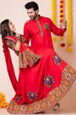 Cherry Red Rayon Embroidered Couple's Outfit 