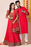 Cherry Red Rayon Mirror Embroidered Couple's Outfit 