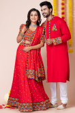 Cherry Red Rayon Mirror Embroidered Couple's Outfit 