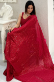 Cherry Red Sequins Embroidered Georgette Lightweight Saree 