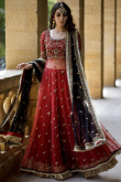 Cherry Red Silk Embroidered Pakistani Lehenga