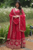 Cherry Red Silk Sequins Embroidered Lehenga