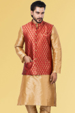 Cherry Red Silk Woven Zari Men's Waist Coat