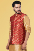 Cherry Red Silk Woven Zari Men's Waist Coat