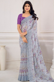 Chiffon Ash Grey Printed Saree for New Year Festive Wear