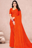 Chiffon Carrot Orange Saree with Printed Work for New Year