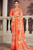 Chiffon Salmon Orange Saree With Printed Work For Casual Wear