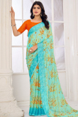 Chiffon Sky Blue Printed Saree for New Year Casual Look