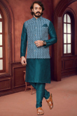 Sea Blue Art Silk Embroidered Jacket Style Men's Kurta Pajama